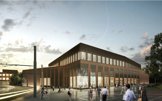 Illustration image set in sunset, depicting Otakaari 2 buildings in the future. People walking around and the lights are on in the building.