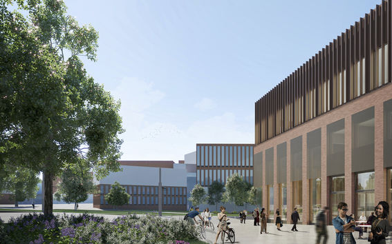 Illustration image of a spring or summer view from Otakaari towards Väre, Otakaari 2B on the right side of the image, sun is shining, there are flowers in bloom on the left of the image. Lots of people walking, cycling and interacting near the building.