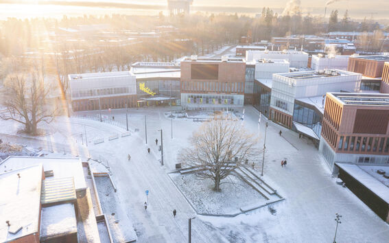 Drone image of Aalto University campus on a sunny winter's day.