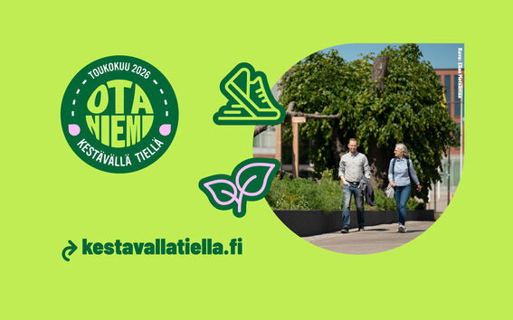 Text 'Otaniemi on a sustainable path' and image of two people walking on campus.
