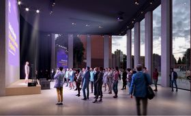 Illustration image of Otakaari 2A event lobby with a speaker in limelight on the stage on the left and a crowd with a photographer looking at the speaker