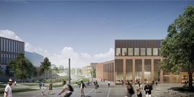 Illustration image depicting what Otakaari 2 could look like, people walking and cycling near Otakaari and Maarintie, man with sunglasses looks to the viewer, its sunny and there's an event in the corner of the building