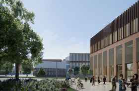 Illustration image of a spring or summer view from Otakaari towards Väre, Otakaari 2B on the right side of the image, sun is shining, there are flowers in bloom on the left of the image. Lots of people walking, cycling and interacting near the building.