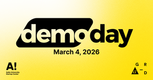 Promotional image for Aalto Startup Center and A Grid's Demo Day, taking place in March 4